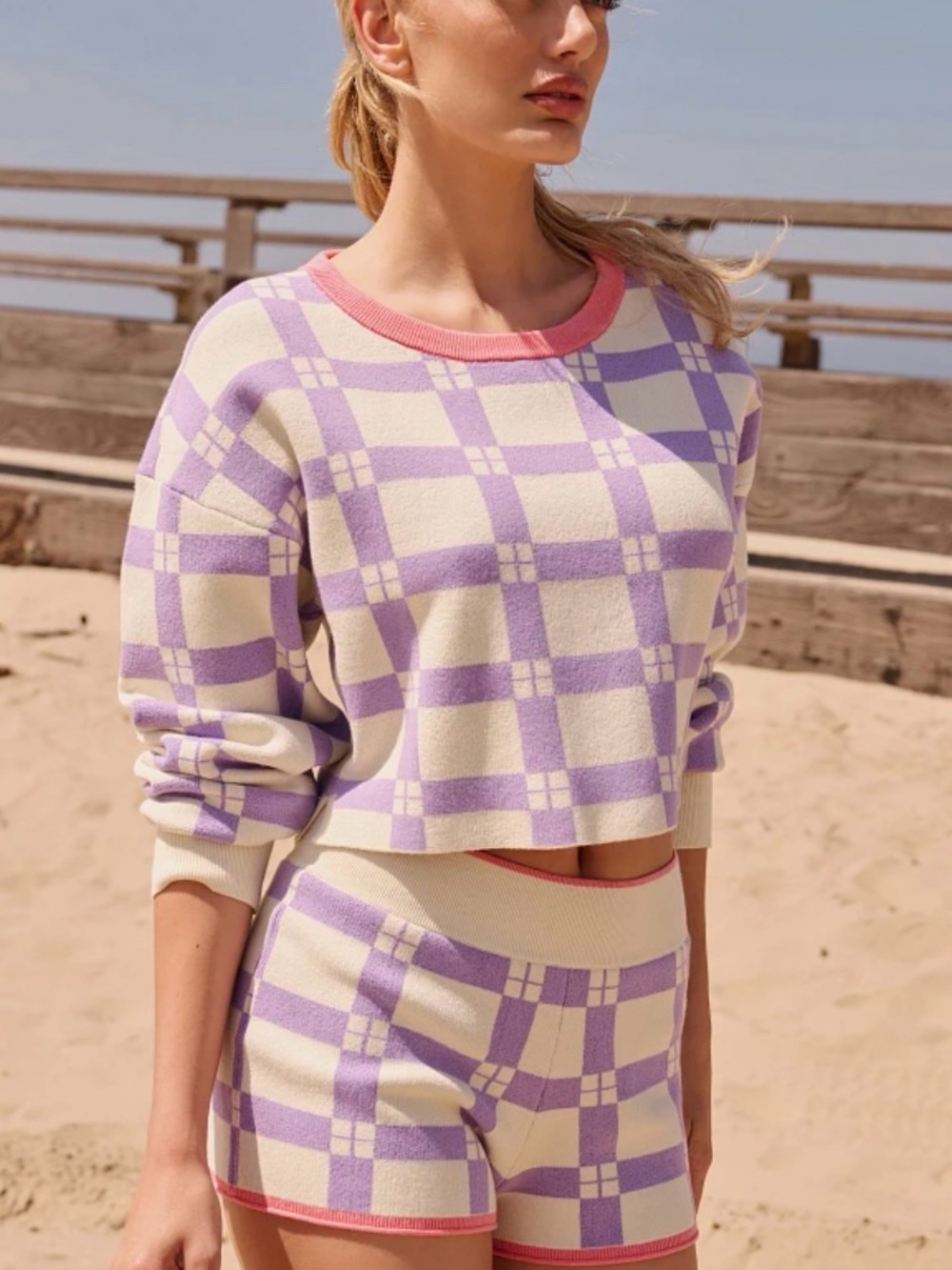 Daily Practice cream and Lavender Checkered Cropped Sweater L